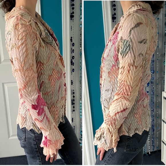 Komarov Blush Pink Crinkle Pleated Blouse Velvet Floral Burnout Plaque Romantic - Picture 7 of 16